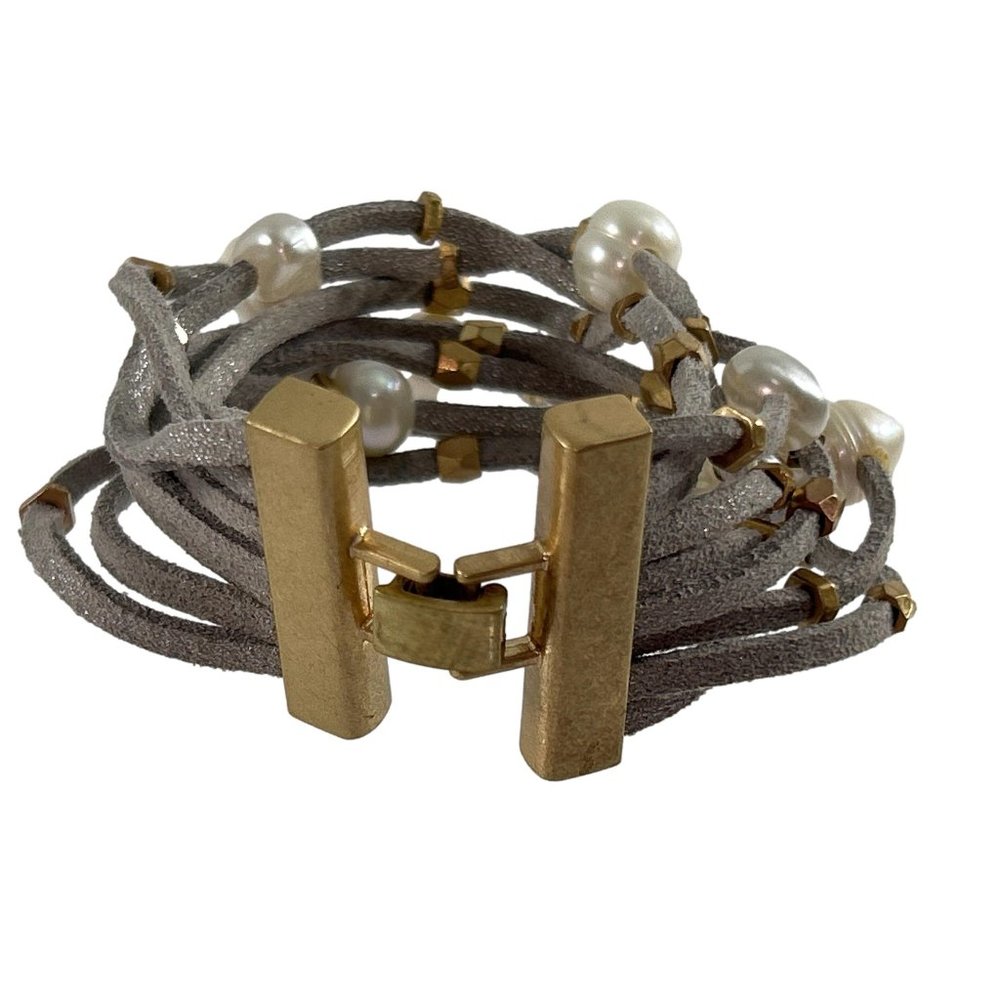 Gold Tone Faux Gray Leather Faux Pearl Multi Strand Bracelet Chunky Boho
